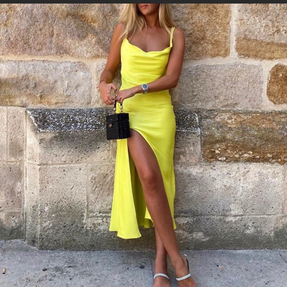 Zara green/ yellowish satin draped split dress - Picture 1 of 12